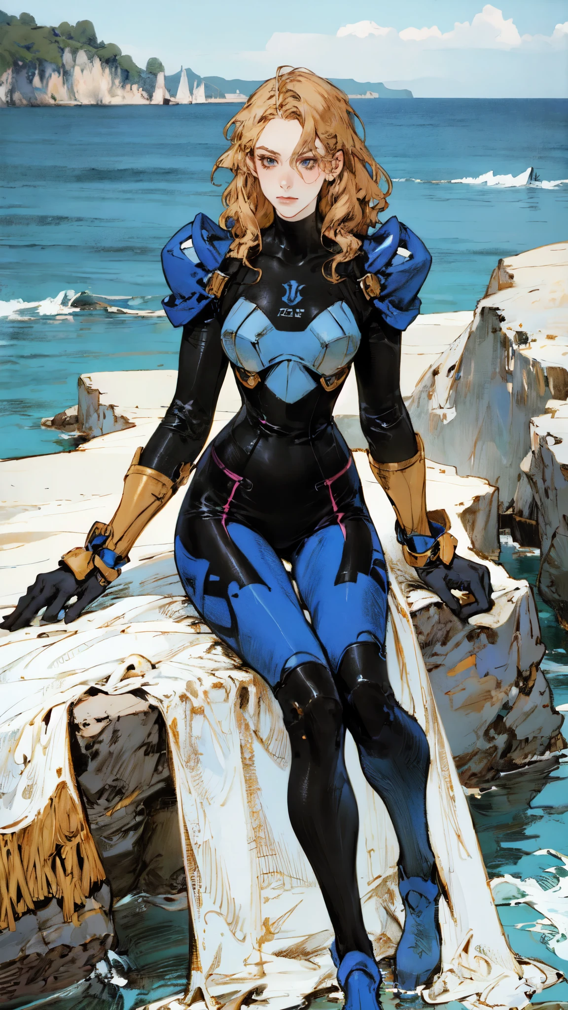 (masterpiece:1.2, best quality:1.2, extremely delicate:1.2), a mature women with long slightly curly brown hair, a well-defined face, intense eyes, a thoughtful expression, brown skin, tall and athletic build, a futuristic fantasy-style blue and black short-sleeved tight-fitting wetsuit, matching trousers, wrist guards, she sits leisurely on a seaside rock, this character embodies a finely crafted futuristic fantasy-style swimmer in anime style, exquisite and mature manga art style, dramatic, high definition, highres, ultra-detailed, ultra-fine painting, professional, perfect body proportions, golden ratio, anatomically correct, symmetrical face, extremely detailed eyes and face, high quality eyes, creativity, RAW photo, UHD, 32k, Natural light, cinematic lighting, (masterpiece-anatomy-perfect:1.2)