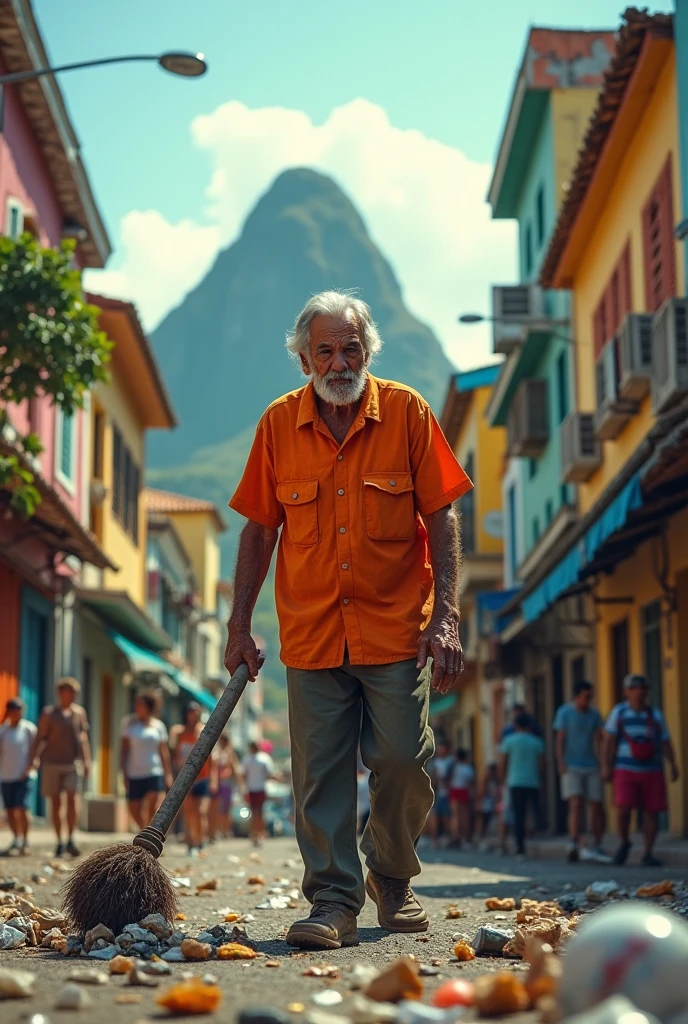 Make an elderly white man work as a garbage collector, picking up trash on the streets of Rio de Janeiro and wearing the orange uniform of a street cleaner in the City of Rio de Janeiro