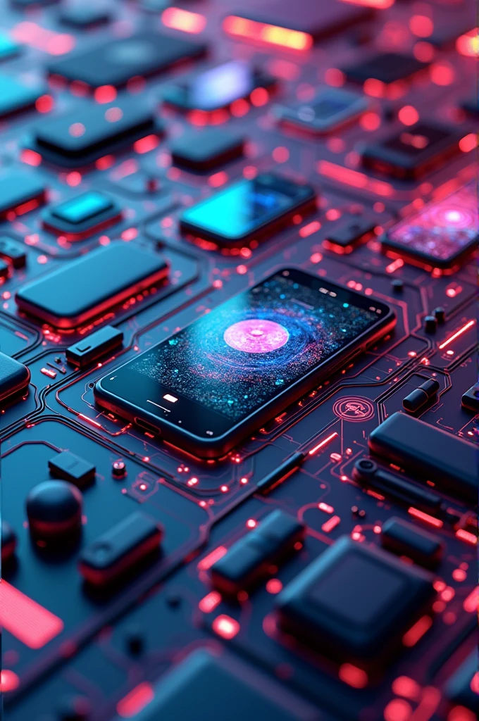 Image with a title of SoniTech and a background of cell phones, headphones and others 