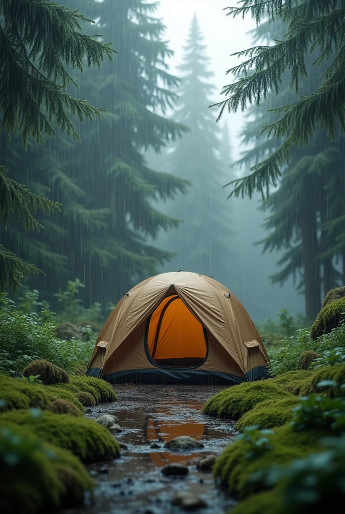 A tent set up in a forest where it is raining