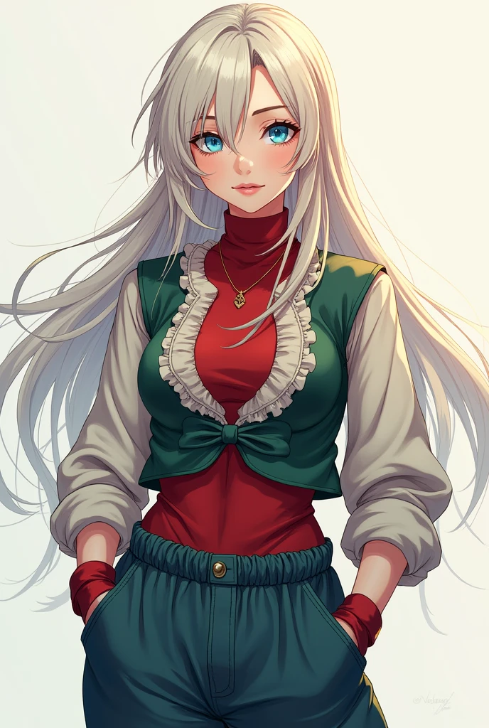 A blonde hunter, almost white but bright, blue eyes with green eye background, white skin long hair with beautiful hairstyle, with a long blouse with ruffles on the long sleeves, a red blouse and a stylish green women's vest and large jeans with elastic at the ends, anime style