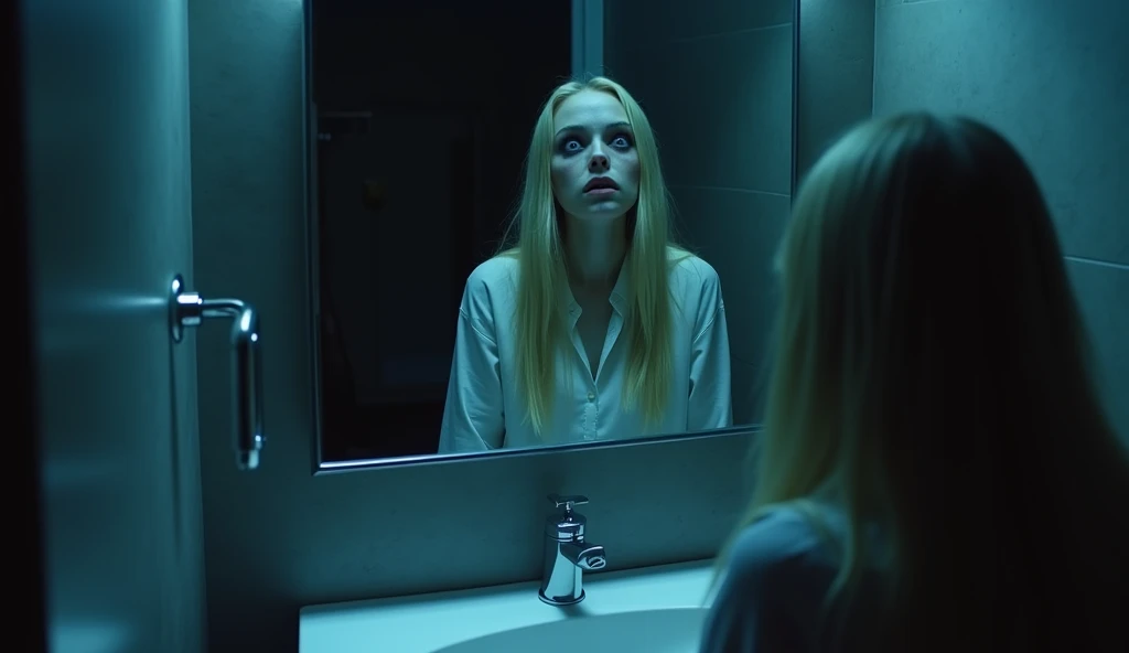 "A chilling horror scene in a modern, dark bathroom. A young woman with long blonde hair is reflected in a mirror, appearing ghostly and menacing. Her reflection shows unnaturally pale and translucent skin, wide and dark eyes suggesting possession, and her expression is eerily distorted. The bathroom features sleek dark gray walls, a contemporary vanity with a chrome faucet, and is dimly lit by a haunting blue light that casts deep shadows, enhancing the terrifying atmosphere."