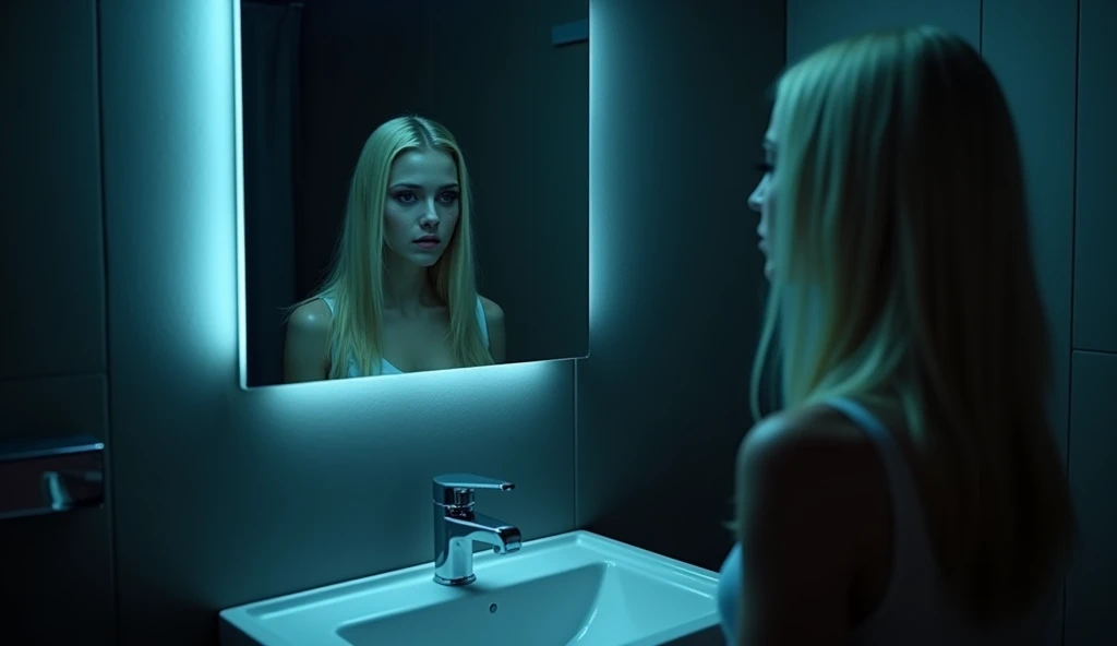 "A chilling horror scene in a modern, dark bathroom. A young woman with long blonde hair is reflected in a mirror, appearing ghostly and menacing. Her reflection shows unnaturally pale and translucent skin, wide and dark eyes suggesting possession, and her expression is eerily distorted. The bathroom features sleek dark gray walls, a contemporary vanity with a chrome faucet, and is dimly lit by a haunting blue light that casts deep shadows, enhancing the terrifying atmosphere."