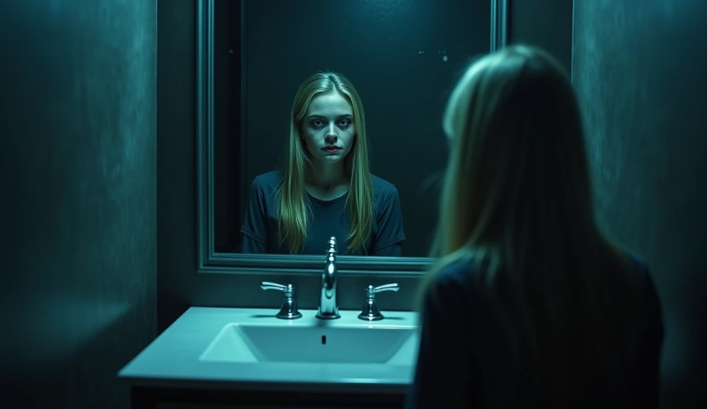 "A chilling horror scene in a modern, dark bathroom. A young woman with long blonde hair is reflected in a mirror, appearing ghostly and menacing. Her reflection shows unnaturally pale and translucent skin, wide and dark eyes suggesting possession, and her expression is eerily distorted. The bathroom features sleek dark gray walls, a contemporary vanity with a chrome faucet, and is dimly lit by a haunting blue light that casts deep shadows, enhancing the terrifying atmosphere."