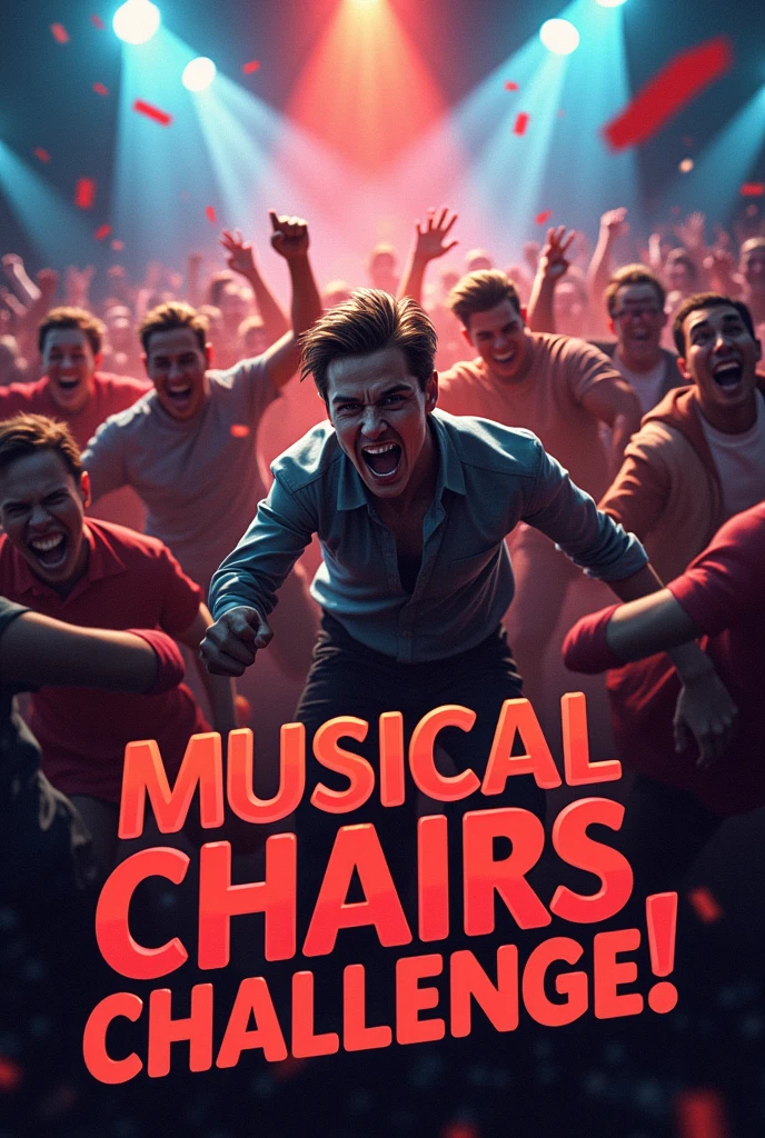 "Create a dynamic and visually striking thumbnail featuring a chaotic scene from the Musical Chairs Challenge. Show participants frantically scrambling for chairs with intense expressions, dramatic lighting, and bold colors. Add a large, eye-catching text overlay that reads 'Musical Chairs Challenge!' in a dramatic font. Use motion effects or blurred backgrounds to emphasize the action and urgency of the game."