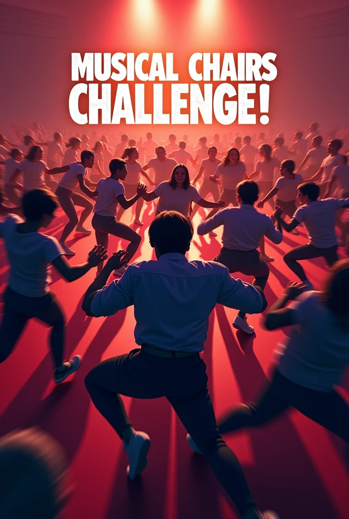 "Create a dynamic and visually striking thumbnail featuring a chaotic scene from the Musical Chairs Challenge. Show participants frantically scrambling for chairs with intense expressions, dramatic lighting, and bold colors. Add a large, eye-catching text overlay that reads 'Musical Chairs Challenge!' in a dramatic font. Use motion effects or blurred backgrounds to emphasize the action and urgency of the game."