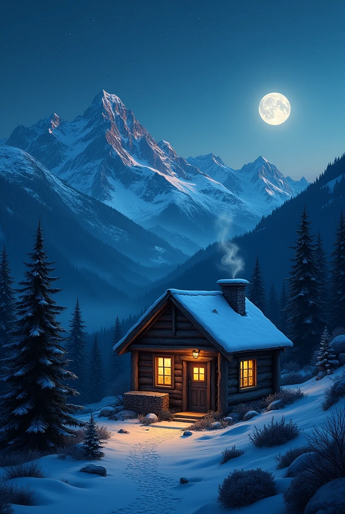 Little house in the mountains at night 