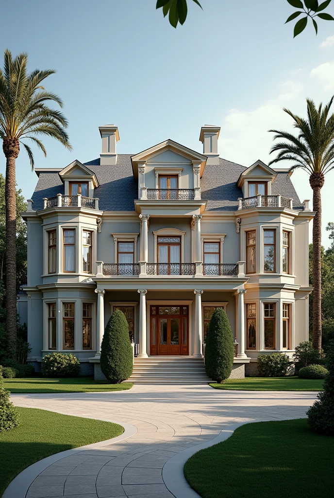 A 2-story house with 7 bedrooms and 9 bathrooms, 2 living rooms 2 dining rooms, a large kitchen 5 balconies a patio with green areas