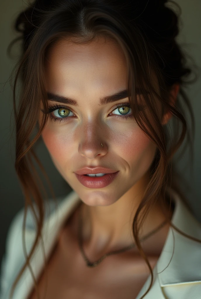 A beautiful French fashion model with heterochromia、His right eye is brown and his left eye is emerald.、In a sexy pose、With a seductive smile、Looking at me provocatively