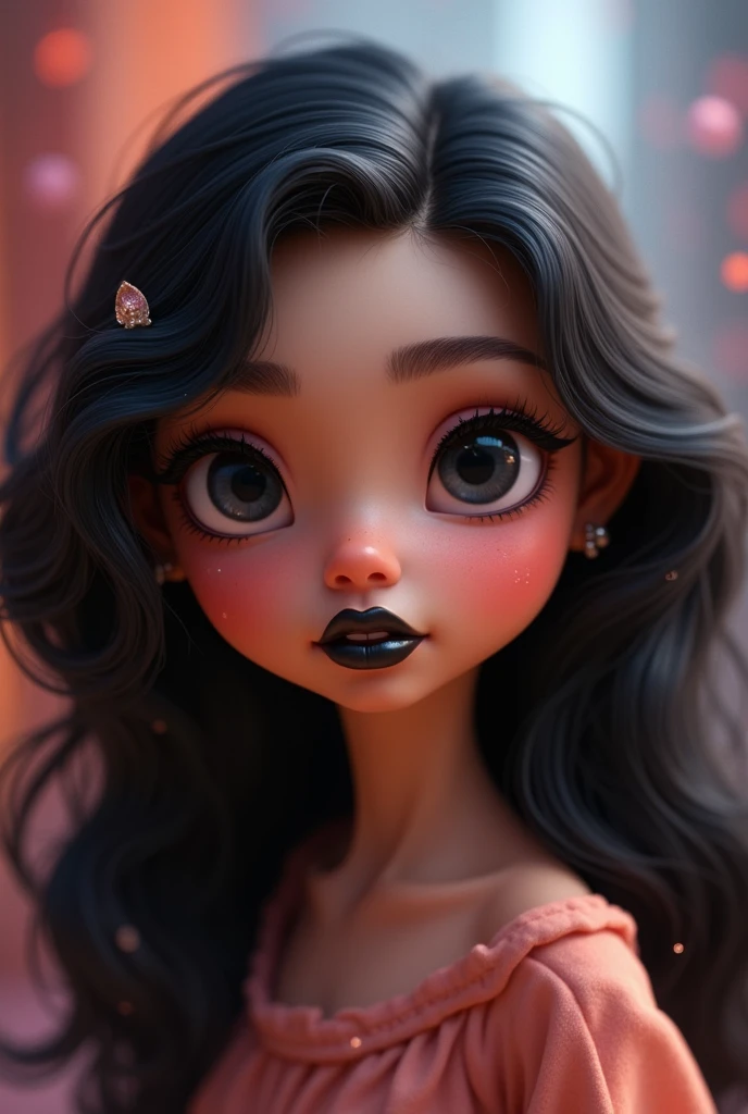 Create for me a 1 girl with black hair, long and curly, eyes black, black, slightly plump lips, High Disney Pixar style