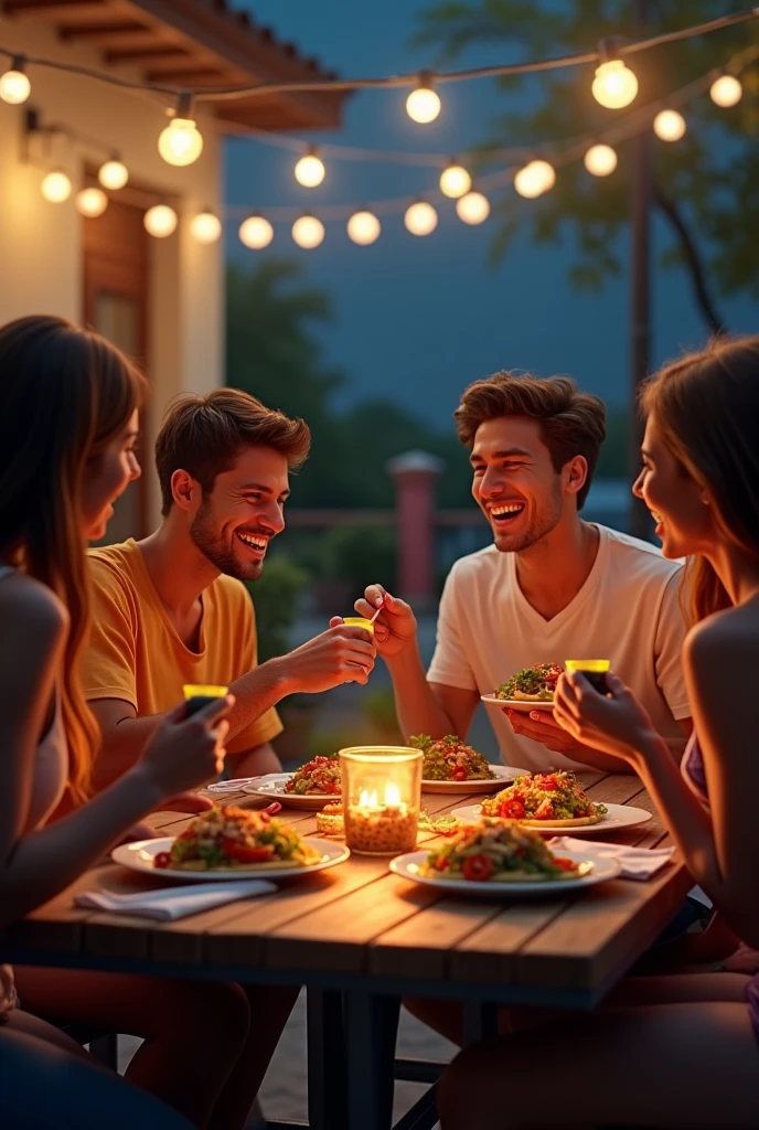 Friends eating tacos outdoors at night