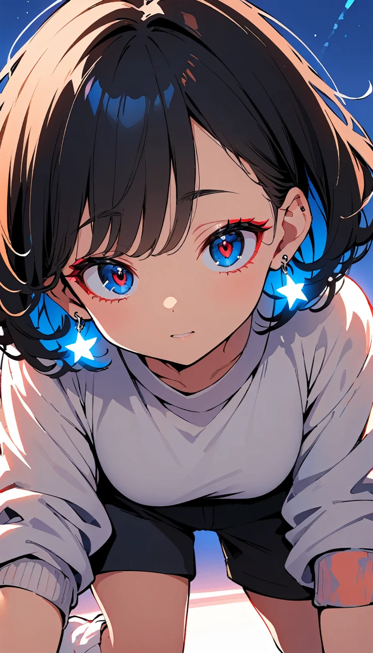 (high quality, 8k, 4K, High Contrast, masterpiece:1.2, 最high quality, Best aesthetics), (Dynamic Angle), ((1 female)),((Crouching on the bed)), ((Plain and bright background)), ((Flat Color)), (White oversized sweater), ((Red lace panties)),(White loose socks), Looking at the audience, Transparent Background, (A pleasant expression), Sleepy eyes, High Contrast, Contrasting colors, , Pale pink and blue lighting, ((Short Hair)) , (Tied Hair), Black Hair, Red eyes, Droopy eyes, (Narrow eyes), Small star-shaped earrings in both ears, bright eyeshadow,apple watch