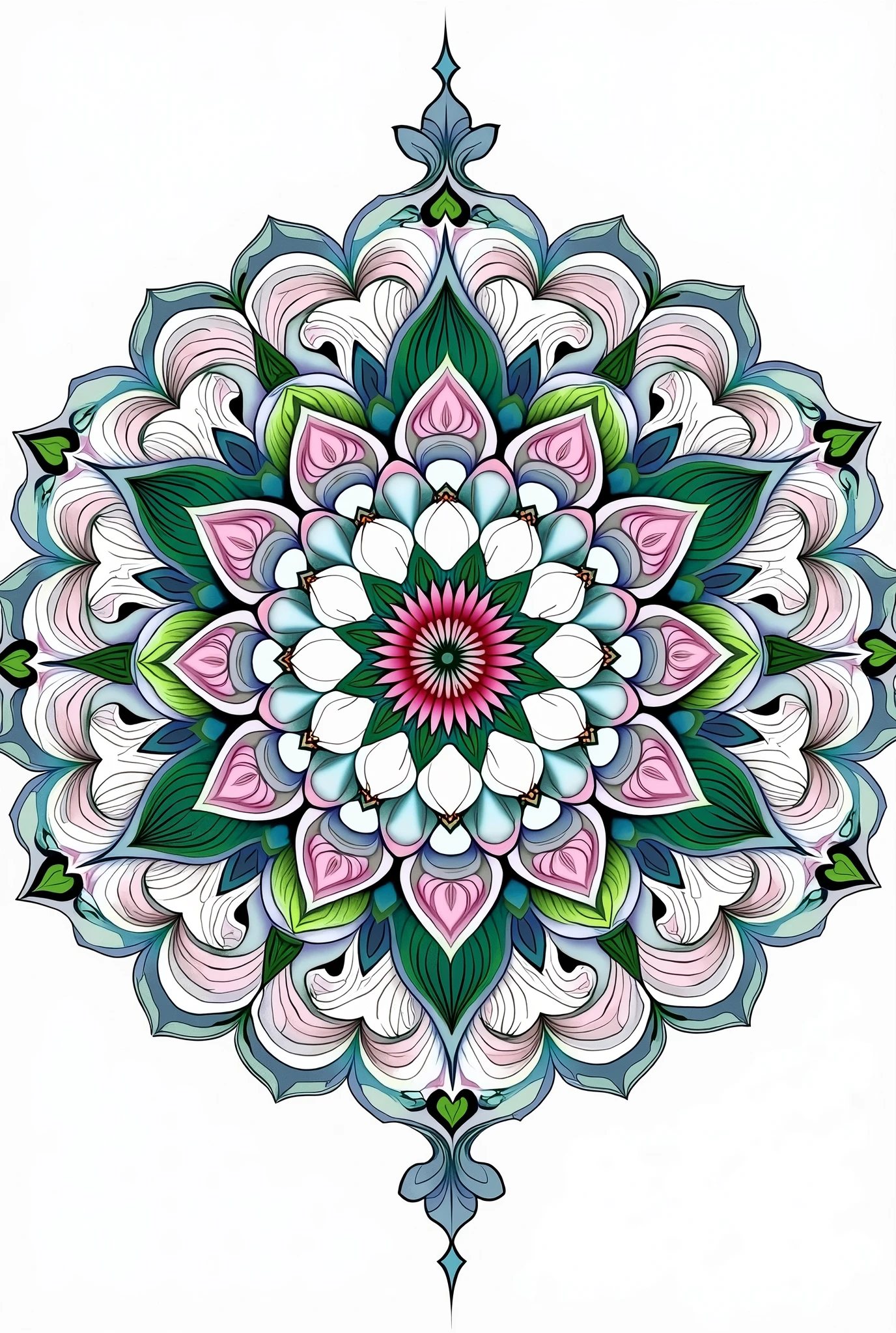 Create an intricate, geometric mandala that combines floral and abstract patterns, focusing on perfect symmetry and a harmonious design. The mandala should feature interlocking circles, triangles, and petal shapes, radiating from a central point, with at least six distinct layers of increasingly complex patterns towards the edges. Use a medium-weight line, similar to a 3-5 point brush size, to outline each element, ensuring the design is clear and suitable for detailed coloring activities. Although intended for coloring, present a preview with a calming color palette of soft blues, greens, and purples, but keep the design predominantly black and white. Include subtle lotus flowers at key intersections and incorporate spiral patterns that add depth and texture to the background. The final design should be optimized for adult coloring books, with well-defined sections large enough to be filled in with color easily.