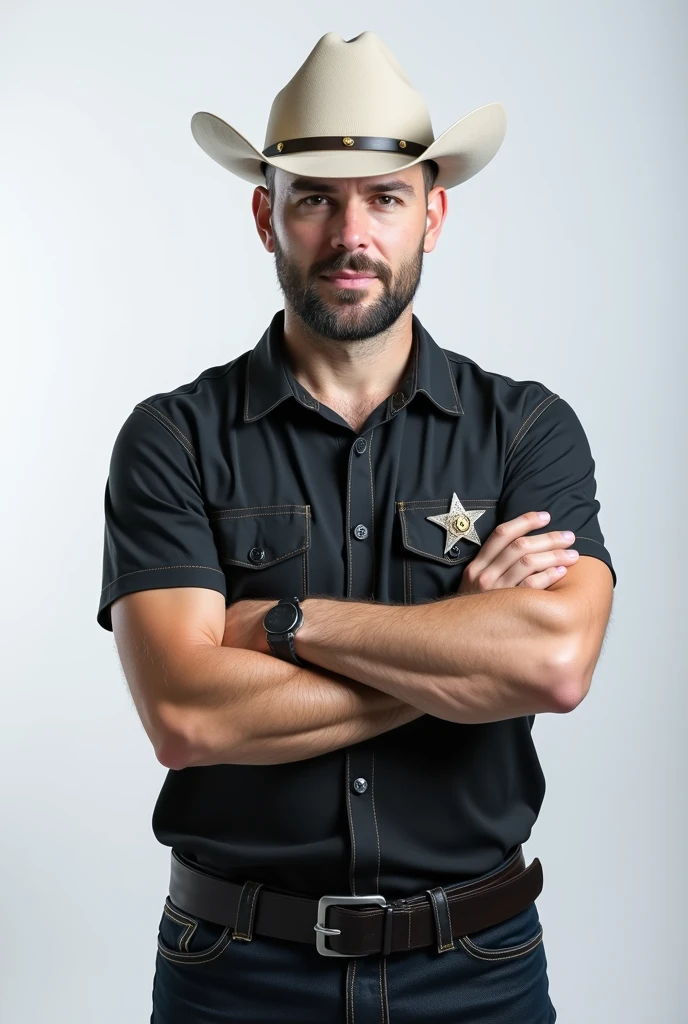 a cowboy sheriff in a realistic highly detailed portrait, cowboy hat, cowboy outfit, realistic, photorealistic, ultra-detailed, 8k, best quality, masterpiece, cinematic lighting, dramatic shadows
