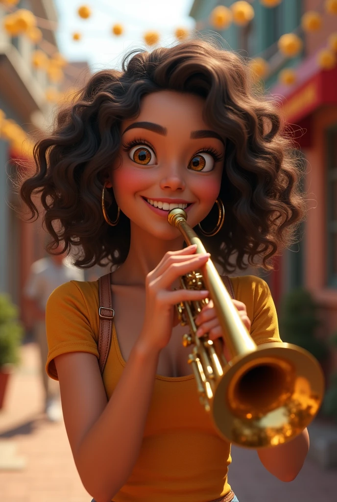 dark brown curly hair woman, cute and fun, brown-eyed ,playing trumpet