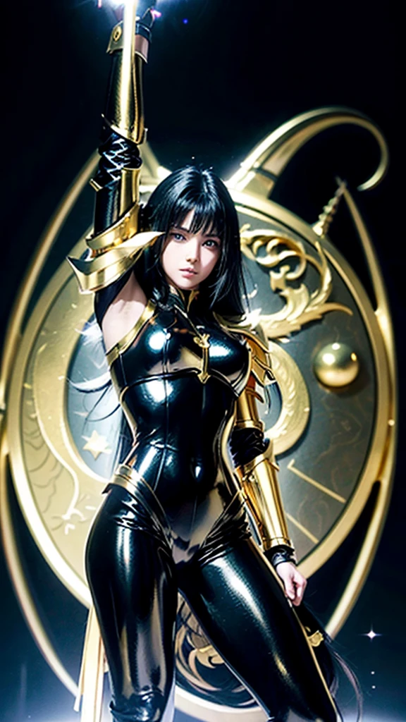work of art, high resolution,best qualityer, Girl dressed in the golden armor of Sagittarius, from the knights of the zodiac saint seiya, Knights of the Zodiac, black hair, blue colored eyes, black shiny leggings, golden armour, Sagittarius, Virgem, Lion , Knights of the Zodiac