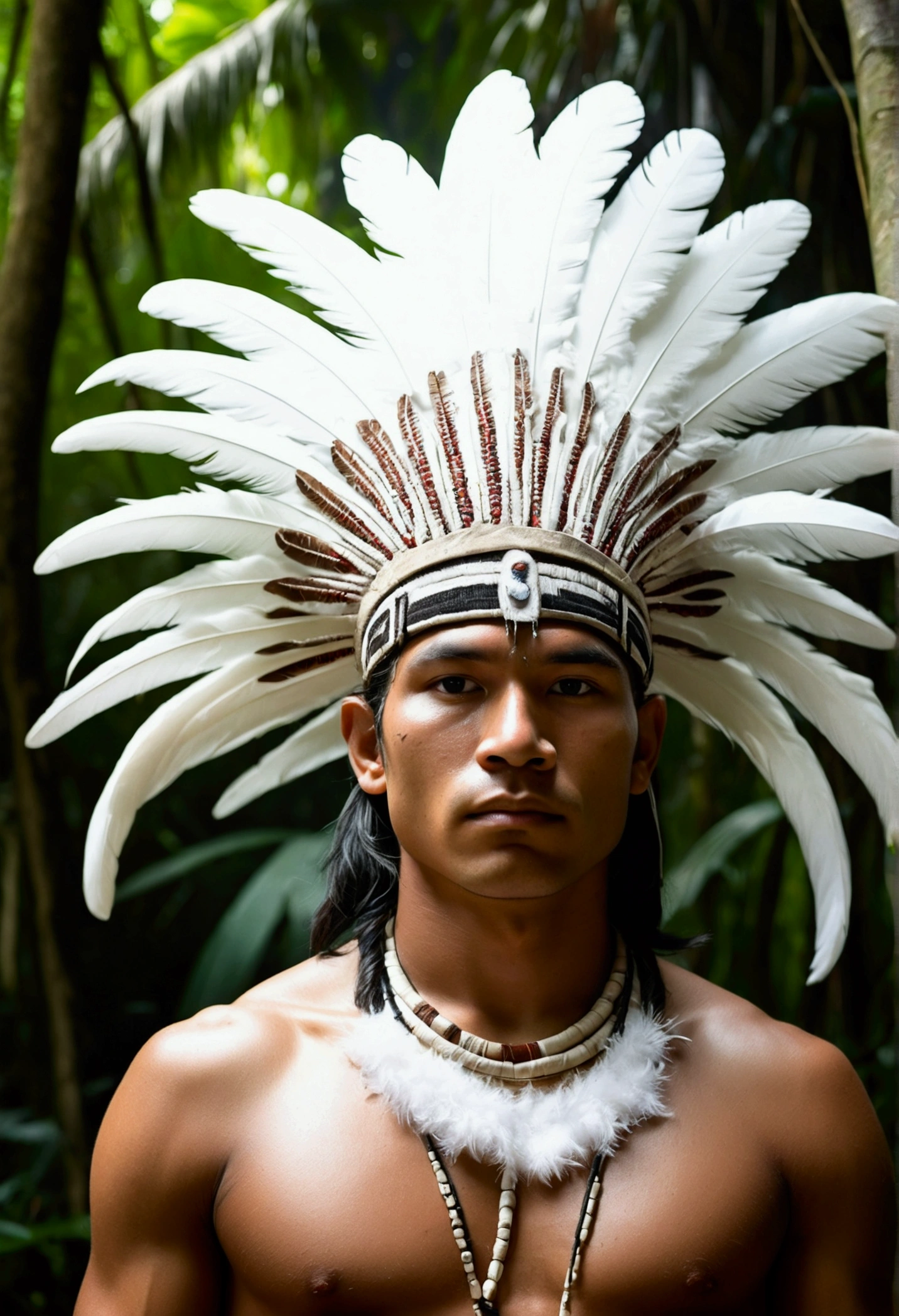 strong young indigenous man stands in a dense tropical forest surrounded by plants. He wears an elaborate headdress made of white feathers. The expression on his face is serene and wise, reflecting his deep connection with nature and ancestral spirits. Sunlight penetrates the treetops, creating a play of shadows and lights around you. smooth face, no beard