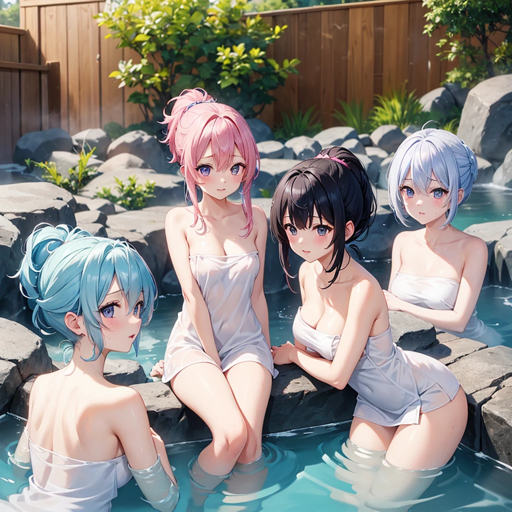 Three Girls、Open-air bath、sunny、Naked with a bath towel、cute、Hair Up、Black Hair、Light blue hair、Pink Hair、Bob Hair、Long Hair、ponytail、Brown eyes、Purple Eyes、Blue Eyes、(Soak in a hot spring、Enter together in a line)、Embarrassed、Blushing