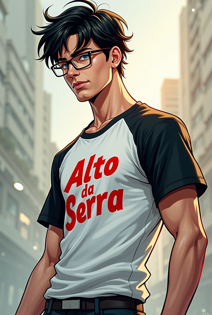 Comic book style image, Man 20 years old, medium messy black hair with blue eyes wearing glasses, defined body with a white shirt with black sleeves with Alto Da Serra written in red, holding a flashlight in his hand
