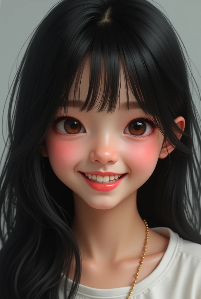 (photorealism:1,2) black haired teenager with big lips and eyes, smiling big teeth