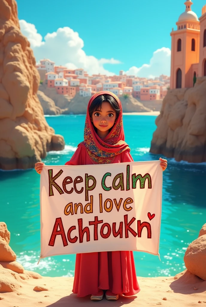 Samira a moroccan girl holding a banner " keep calm and love Achtoukn", in the cost of Agadir