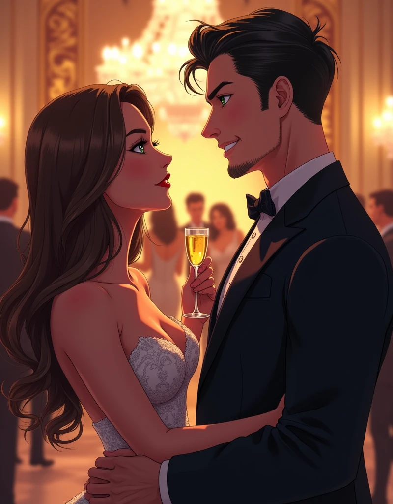 (anime-style hyperrealism:1.3), (semi-realistic anime:1.3), (hyper-detailed:1.4), (masterpiece:1.5), (best quality:1.4), (hyper-detailed anime:1.3), (anime style:1.3), (hyperrealism:1.2), (modern high-society party:1.2), (elegant ballroom:1.1), (two people conversing:1.3), (formal attire:1.1), (champagne glasses:0.9), (ambient lighting:1.0), (chandelier:0.8), (other guests in background:0.7), (woman:1.2), (5'8" tall:1.0), (long straight brown hair:1.1), (curvy body:1.1), (toned physique:1.0), (large green eyes:1.2), (elegant dress:1.0), (man:1.2), (6'5" tall:1.1), (extremely handsome:1.2), (short black hair:1.0), ( very muscular build:1.1), (strong jawline:1.2), (intense blue eyes:1.2), (tuxedo:1.0), (intimate conversation:1.1), (slight smile:1.0), (eye contact:1.2), (soft focus background:0.9), (glamorous atmosphere:1.1), (vibrant colors:1.0), (detailed shading:1.1), (fine line art:1.0)