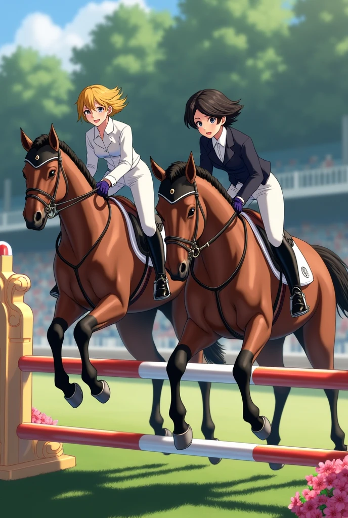 TWO young people, a blonde and another with short curly black hair with 2 horses jumping an obstacle