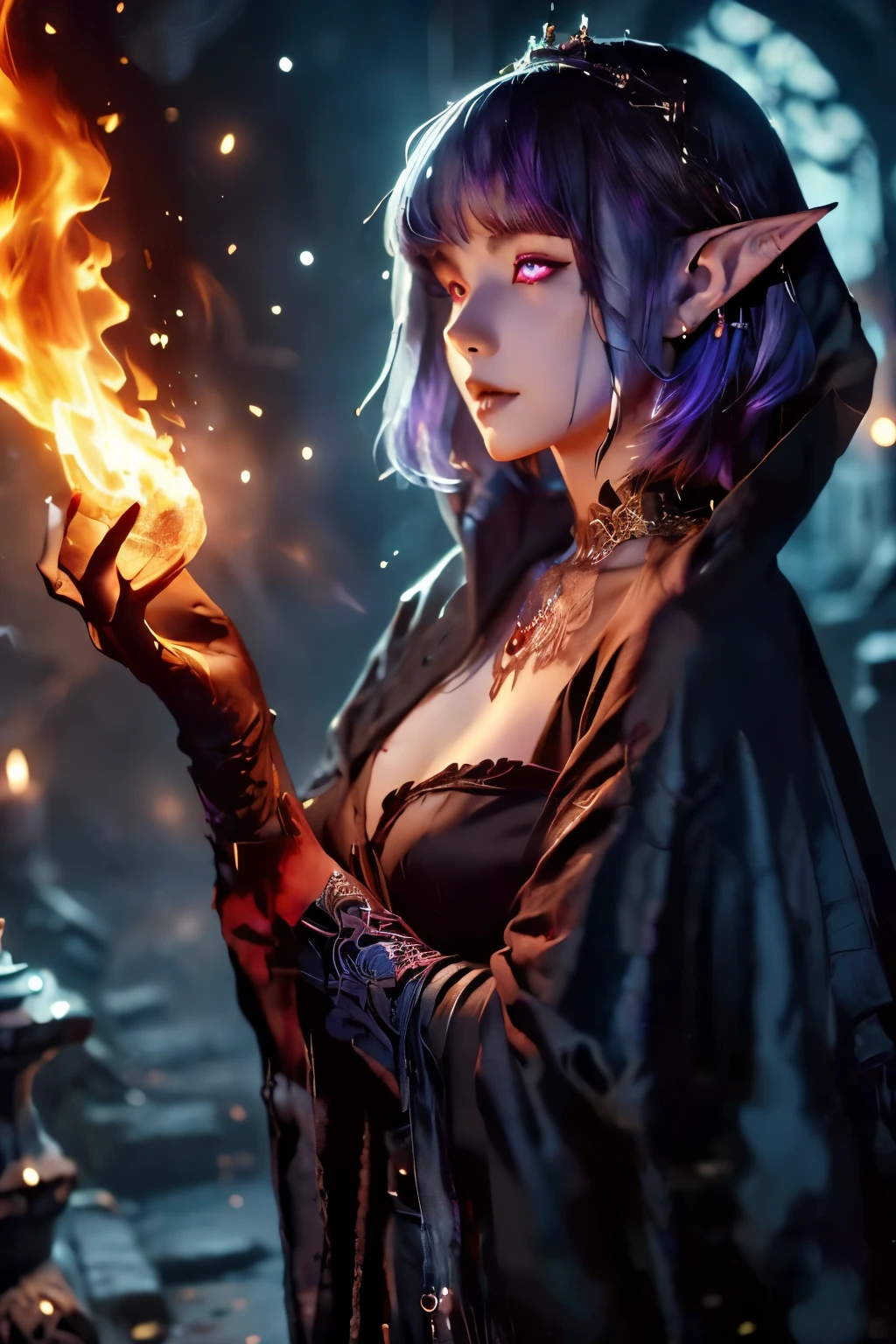 (Ultra-detailed face, looking away, Fantasy Illustration with Gothic, Ukiyo-e, Comic Art, Rich colors), 
BREAK 
(A female dark elf sorceress is fighting a large number of skeletal warriors. She turns her back, jumps in a daring pose, and shoots beams of flame from both hands at the skeletal warrior.), 
BREAK 
(This is a cemetery on the grounds of a decaying medieval European-style church. The red moon shines brightly in the midnight night sky, and a cloud of black miasma drifts over the ground.), 
BREAK 
(DarkElves: A middle-aged dark elf woman with silver color hair, blunt bangs, bob cut and dark purple color skin, lavender color eyes.), 
BREAK 
(DarkElves: A female dark elf sorceress wears a flaming hair ornament, a tunic dress that blazes with flames like a phoenix, and sandals that burn with flames. Her entire body is engulfed in flames.)