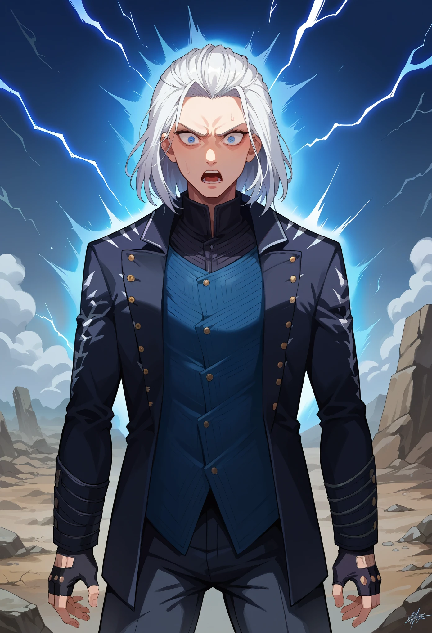 score_9, score_8_up, score_7_up, source_anime, 1boy, female focus, solo, dmc5vergil, breasts, white hair, (medium hair:1.5),  blue eyes, black coat, fingerless gloves, pants, standing, surprised face, looking at down, blue aura, lightning, wasteland, gray landscape, desolated, gray plain,