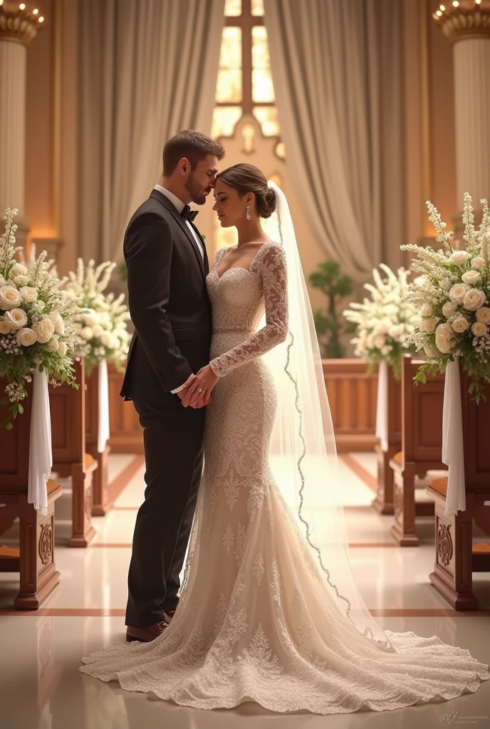 Church decorated with curtains on the walls and white flowers for wedding Bride's dress long sleeves lace bodycon dress with sparkle with square neckline and groom