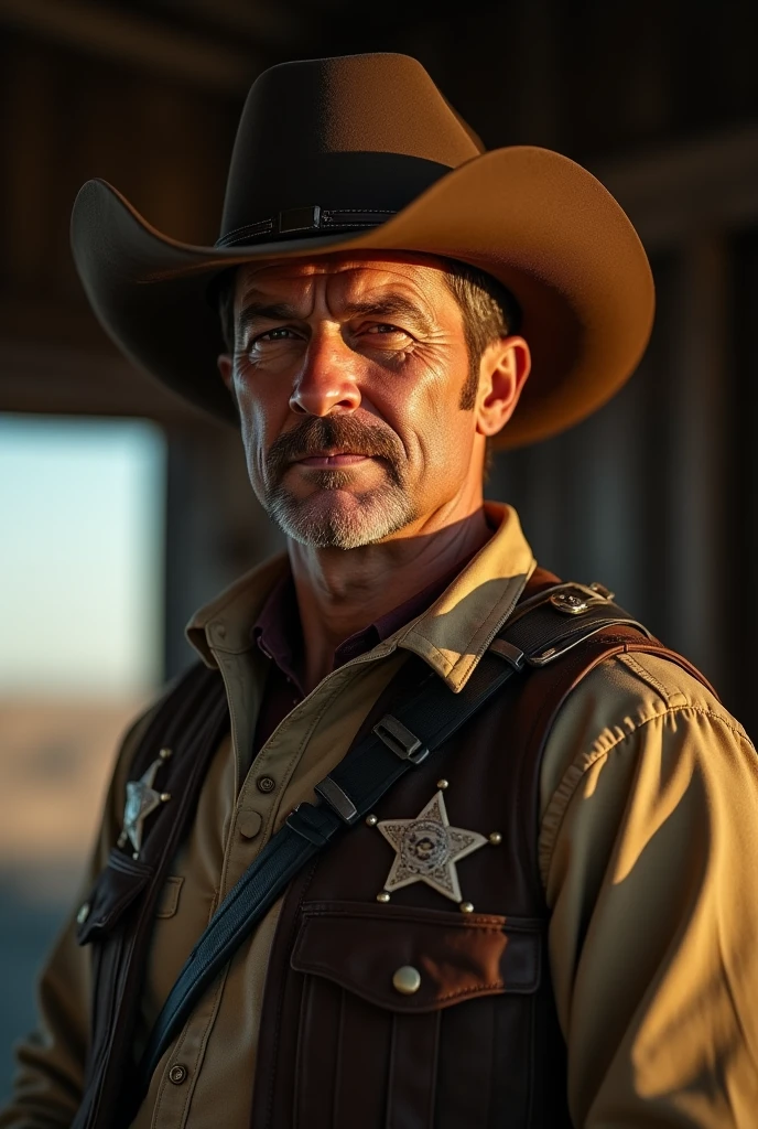a cowboy sheriff in a realistic highly detailed portrait, cowboy hat, cowboy outfit, realistic, photorealistic, ultra-detailed, 8k, best quality, masterpiece, cinematic lighting, dramatic shadows