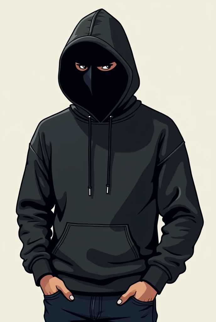 cartoon style man in a black sweatshirt with a mask on his face and a hood on his head