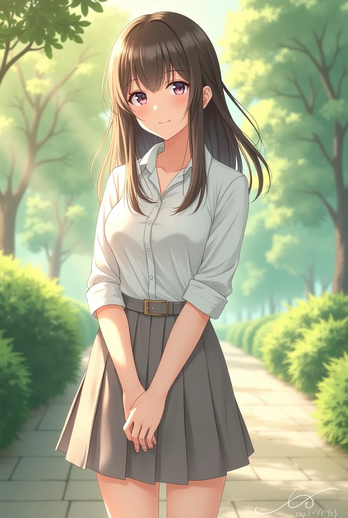 masterpiece, best quality, ultra-detailed, 1girl, hoshino, white shirt, pleated skirt, smile, standing, outdoors