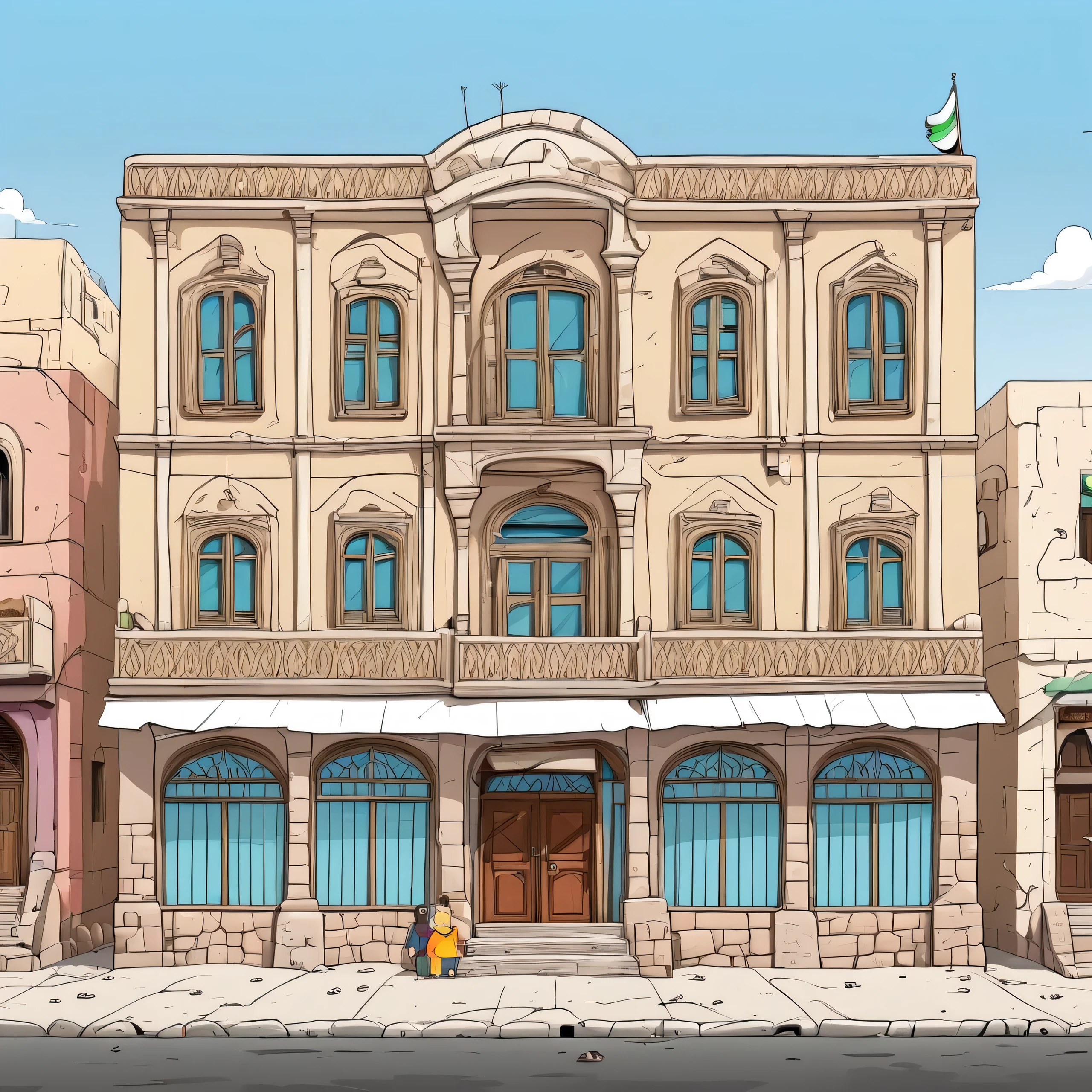 Fron view of bulding in yemen, cartoon, 2d, the family guy style