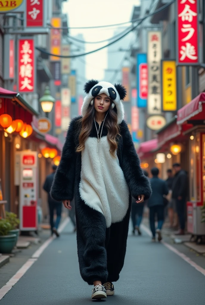Ultra-realistic, high definition, 8K resolution. A beautiful and curvaceous young woman wearing an adorable panda costume, walking through a bustling Japanese city. The panda outfit is detailed, with fluffy black and white fur, and a cute panda hood covering her head. She is wearing large, stylish headphones, listening to music with a relaxed and content expression on her face. The city around her is vibrant, with neon signs, Japanese kanji characters, and busy streets filled with people, vending machines, and traditional shops. The atmosphere captures the unique blend of modern and traditional elements found in Japanese cities, with a focus on the lively urban environment. The scene is lit by the soft glow of city lights, creating a warm and inviting atmosphere as she enjoys her walk through the city.