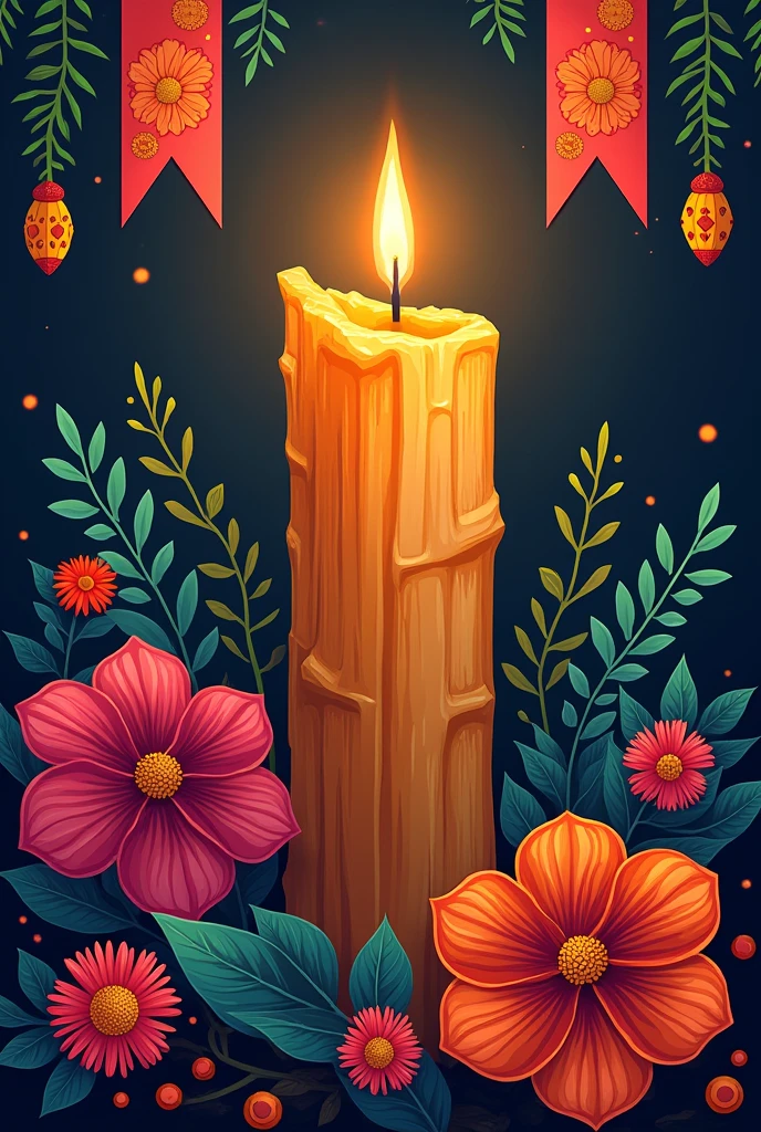 Drawing on papel picado used as decoration on the Day of the Dead in Mexico, representing a piece of sugar cane as a candle