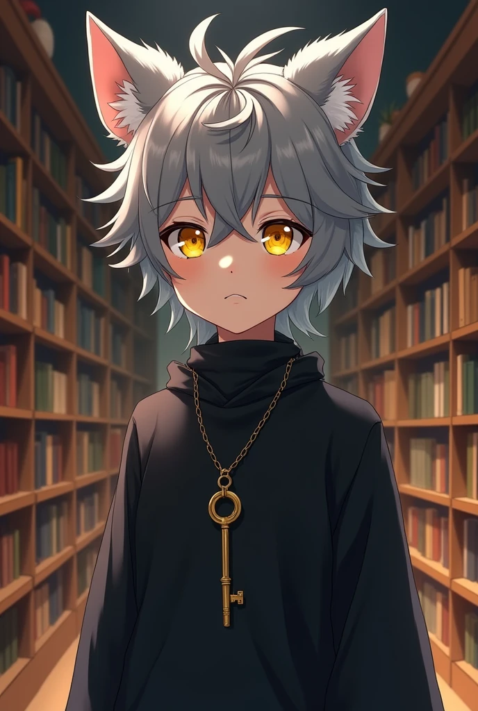 anime, human boy, gray fur, yellow eyes, black clothes, Pendant with a small key, medium height, library background 