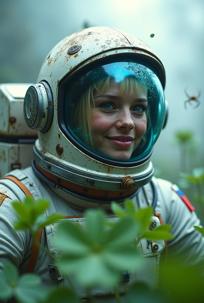 able, an astronaut happy blonde in a closed helmet made of tinted dirty broken glass with reflection on the glass, steam and smoke close-up, clover leaves and a spider on it, science fiction dystopia - the flag of Russia, very detailed, high contrast, digital glitch art, white/blue/black") very detailed, saturated color