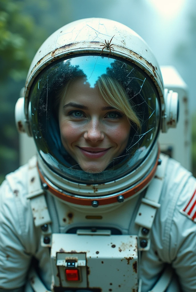 able, an astronaut happy blonde in a closed helmet made of tinted dirty broken glass with reflection on the glass, steam and smoke close-up, clover leaves and a spider on it, science fiction dystopia - the flag of Russia, very detailed, high contrast, digital glitch art, white/blue/black") very detailed, saturated color