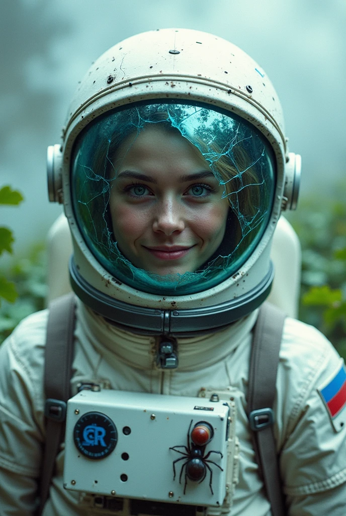 able, an astronaut happy blonde in a closed helmet made of tinted dirty broken glass with reflection on the glass, steam and smoke close-up, clover leaves and a spider on it, science fiction dystopia - the flag of Russia, very detailed, high contrast, digital glitch art, white/blue/black") very detailed, saturated color