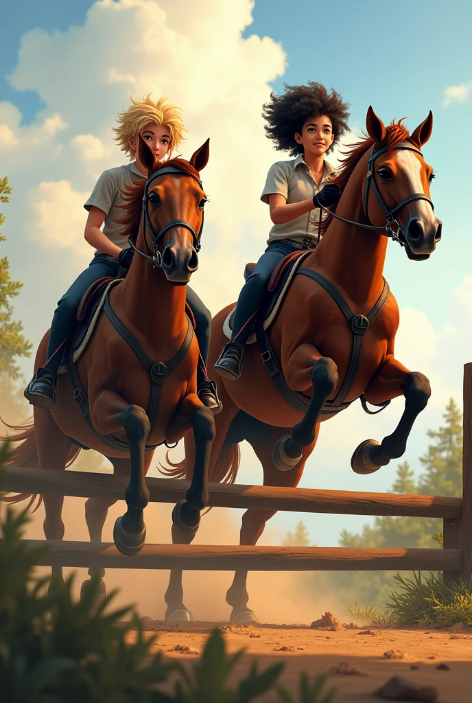 TWO young people, a blonde and another with short curly black hair with 2 horses jumping an obstacle, real