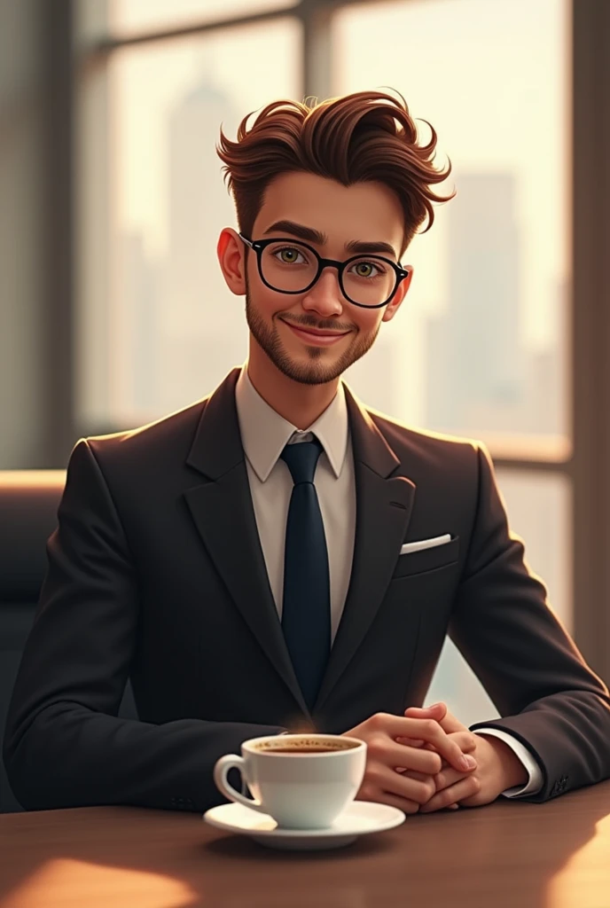 A 2 smart boy, sitting on a chair beside a table with a coffee cup, using eye glass, short stylish hair, stress beard, wearing suit, pant, shoe front face with a sweet smile, stylish pose,