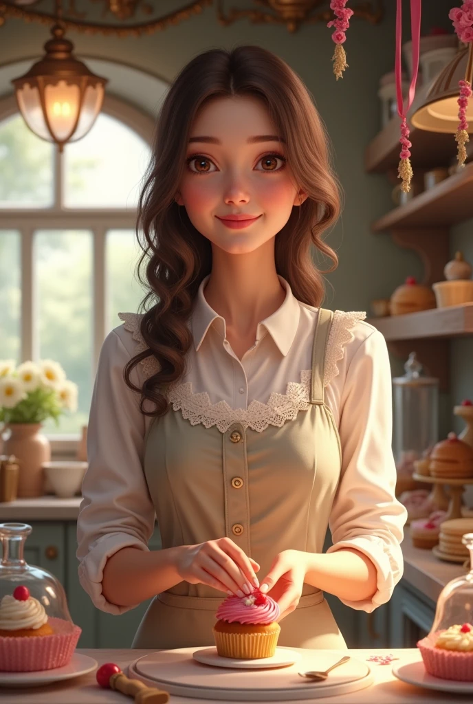 a female confectioner with straight, slightly curly brown hair 