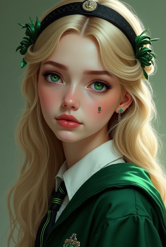 Harry Potter Character Straight blonde hair green eyes house team slyterin Boy teenager
