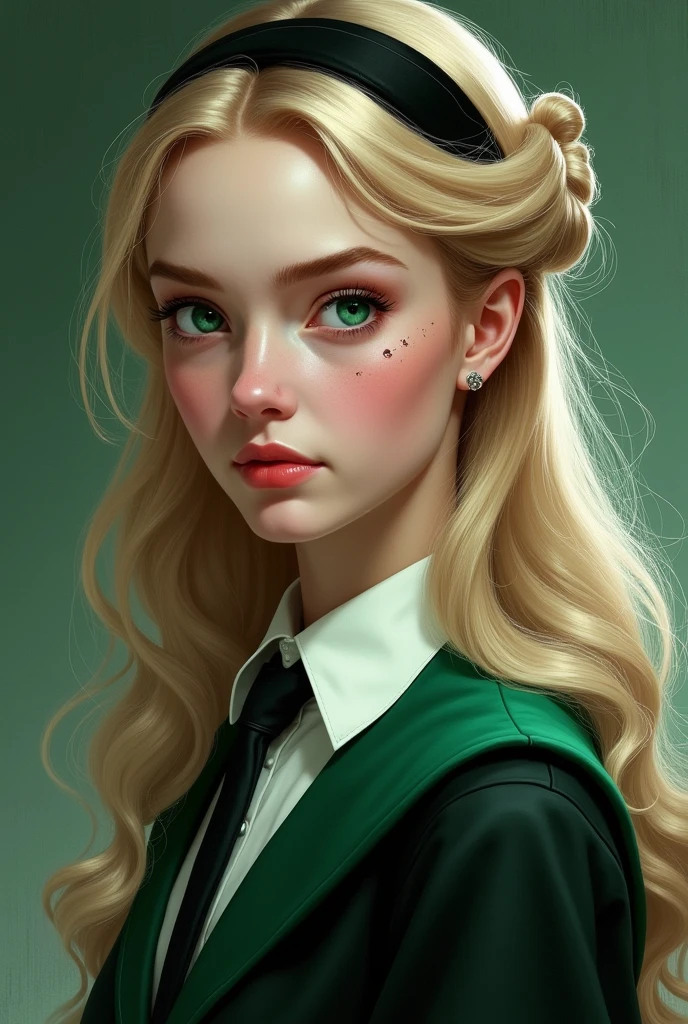elle a une peau d'ivoire, des yeux verts émeraudes, de longs cheveux blonds plates avec des boucles anglaises accessoirisé d'un serre tête noir, des grains de beauté sur la joue gauche et elle porte un uniforme de serpentard