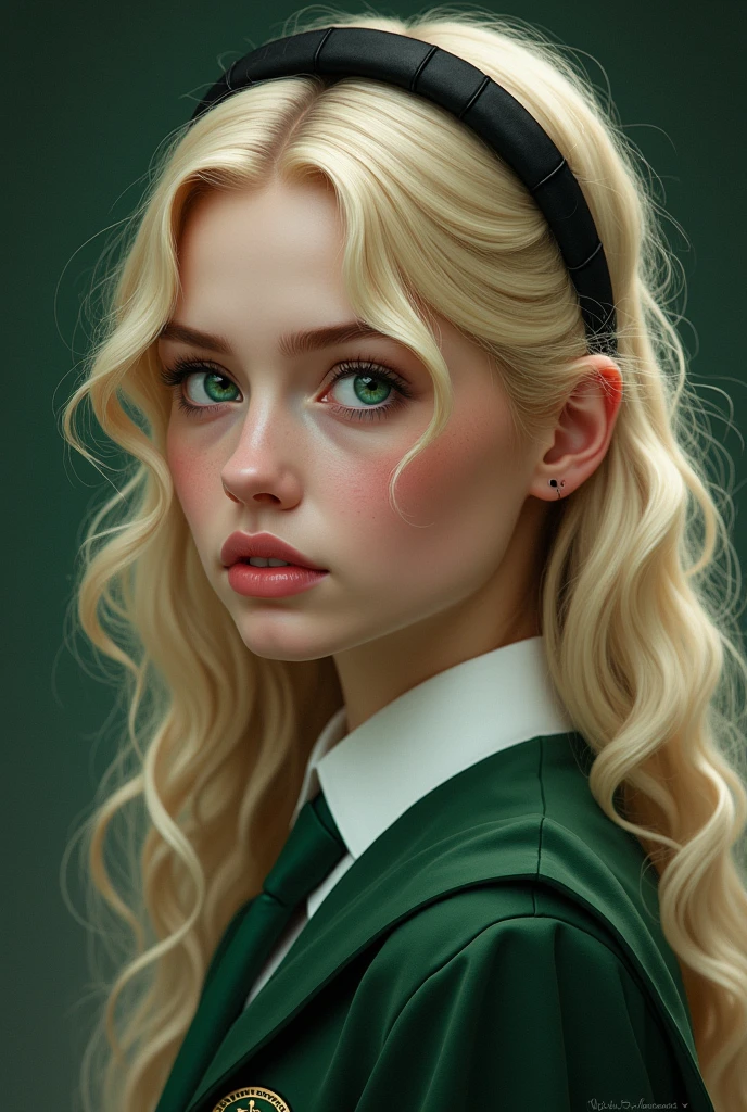 elle a une peau d'ivoire, des yeux verts émeraudes, de longs cheveux blonds plates avec des boucles anglaises accessoirisé d'un serre tête noir, des grains de beauté sur la joue gauche et elle porte un uniforme de serpentard