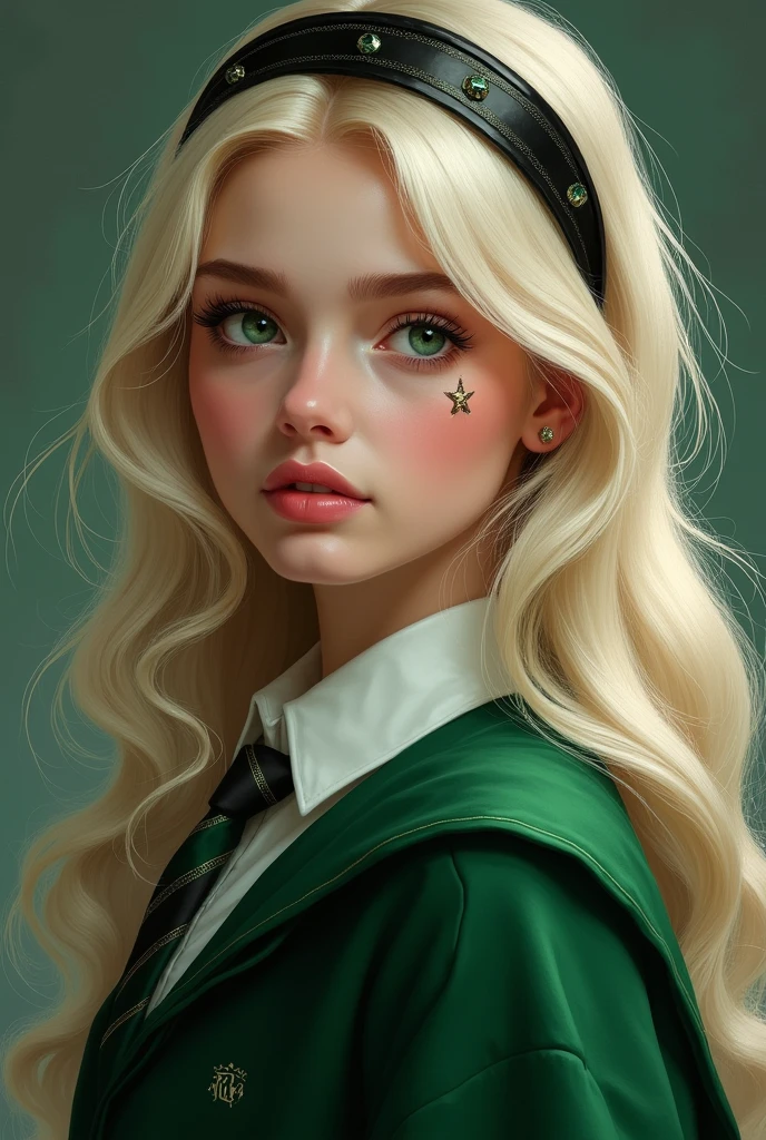elle a une peau d'ivoire, des yeux verts émeraudes, de longs cheveux blonds plates avec des boucles anglaises accessoirisé d'un serre tête noir, des grains de beauté sur la joue gauche et elle porte un uniforme de serpentard