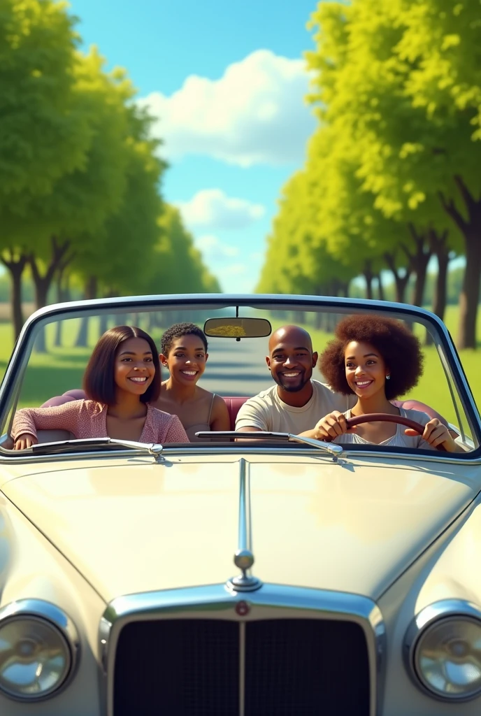 Road trip with 4 friends, being a 2 brunette woman driving, a black man with light brown skin, bald, next to her and in the back seat 2 girls, one white with curly brown hair and the other also white with straight brown hair and glasses, both approximately 20 years old The car must be a white onyx and the road must be full of beautiful trees, with a cheerful mood on a beautiful sunny day