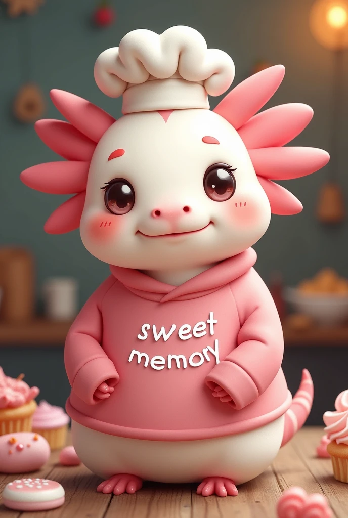 I need a Facebook cover with an axolotl as a pastry chef dressed in her pink blouse and that says Sweet Memory in her blouse, It is a pastry and catering business, but it's a facebook cover, I require it throughout and that it has my social networks:
Instagram @dulrecuerdobakery
Tiktok: Sweet Memory WhatsApp 7226007718 It's that you make the axolotl as if it were a rat and it's not a rat