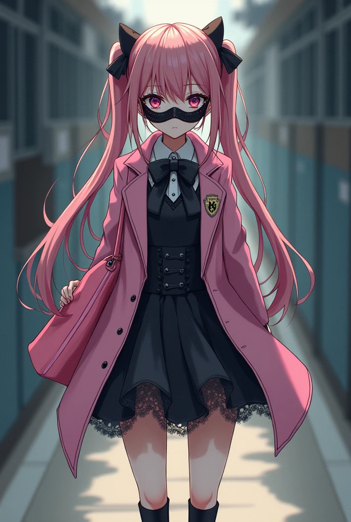 Anime beautiful girl,Double tail,Pink coat,Black clothes,Bow,lace,dress,barefoot,Unhappy,Comic book style,Black mask,Highlights,Pink bags,High School Students